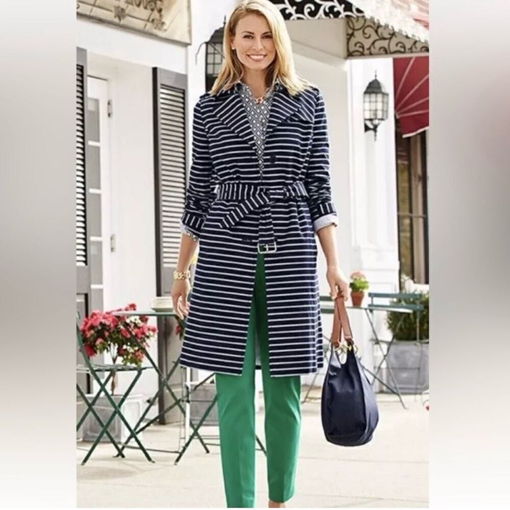 Talbots Navy White Stripe Trench size Medium Belted